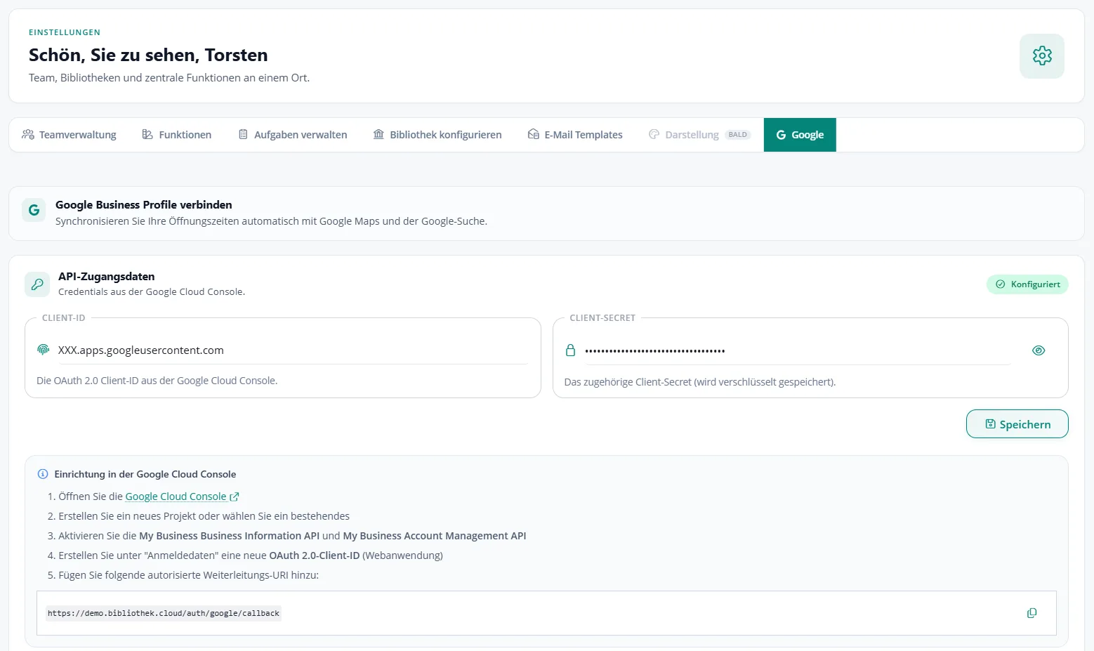 Der Reiter &bdquo;Google&ldquo; in den Einstellungen mit Feldern f&uuml;r Client-ID und Client-Secret