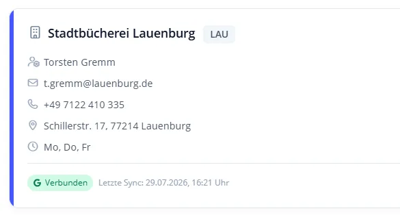 Bibliothekskarte mit gr&uuml;nem Hinweis &bdquo;Verbunden&ldquo; und Zeitpunkt der letzten Synchronisation
