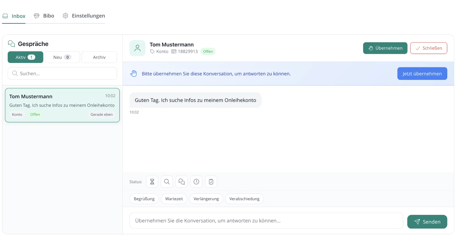 Live-Chat-Inbox für das Team mit Übernahme-Flow