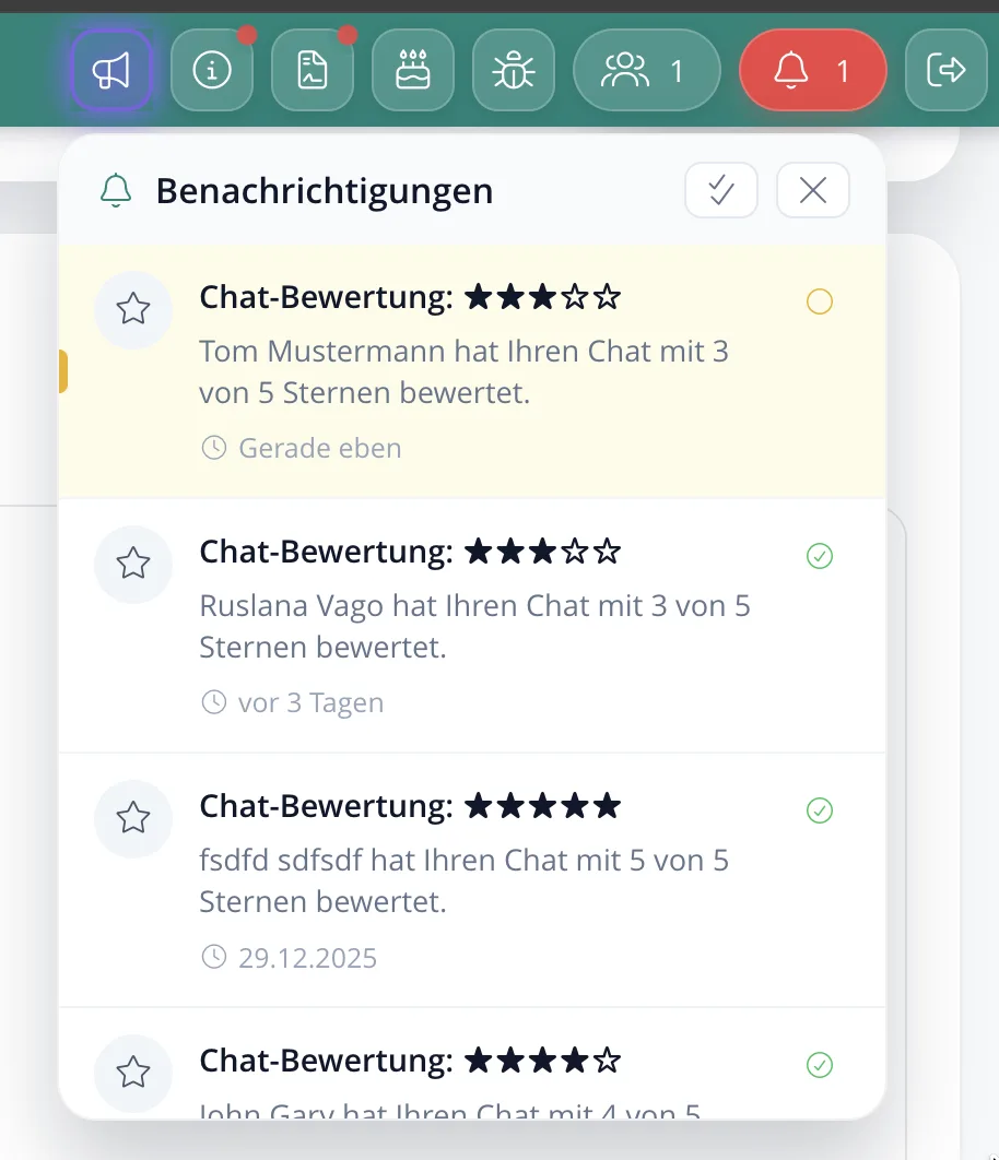 Benachrichtigungs-Center mit Chat-Bewertungen