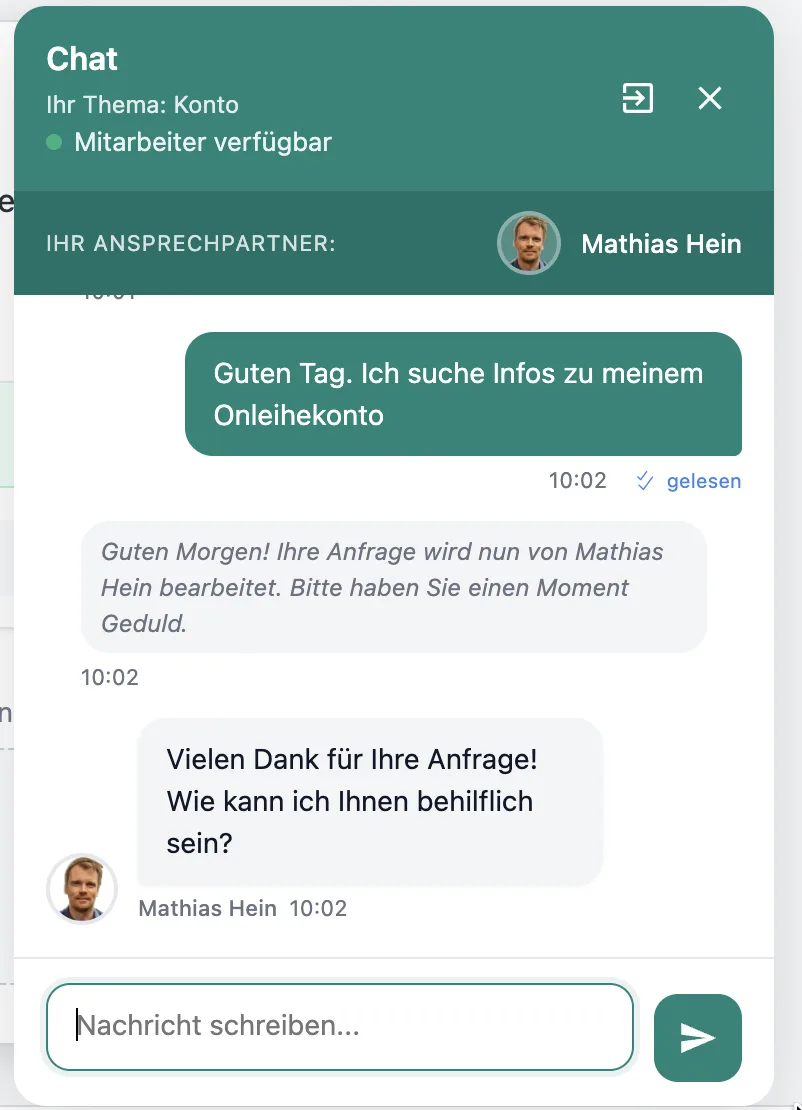 Live-Chat mit übernommenem Mitarbeiter
