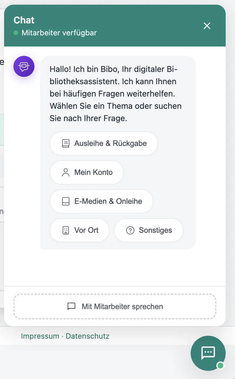 Chat-Widget Begrüßung mit Themenauswahl