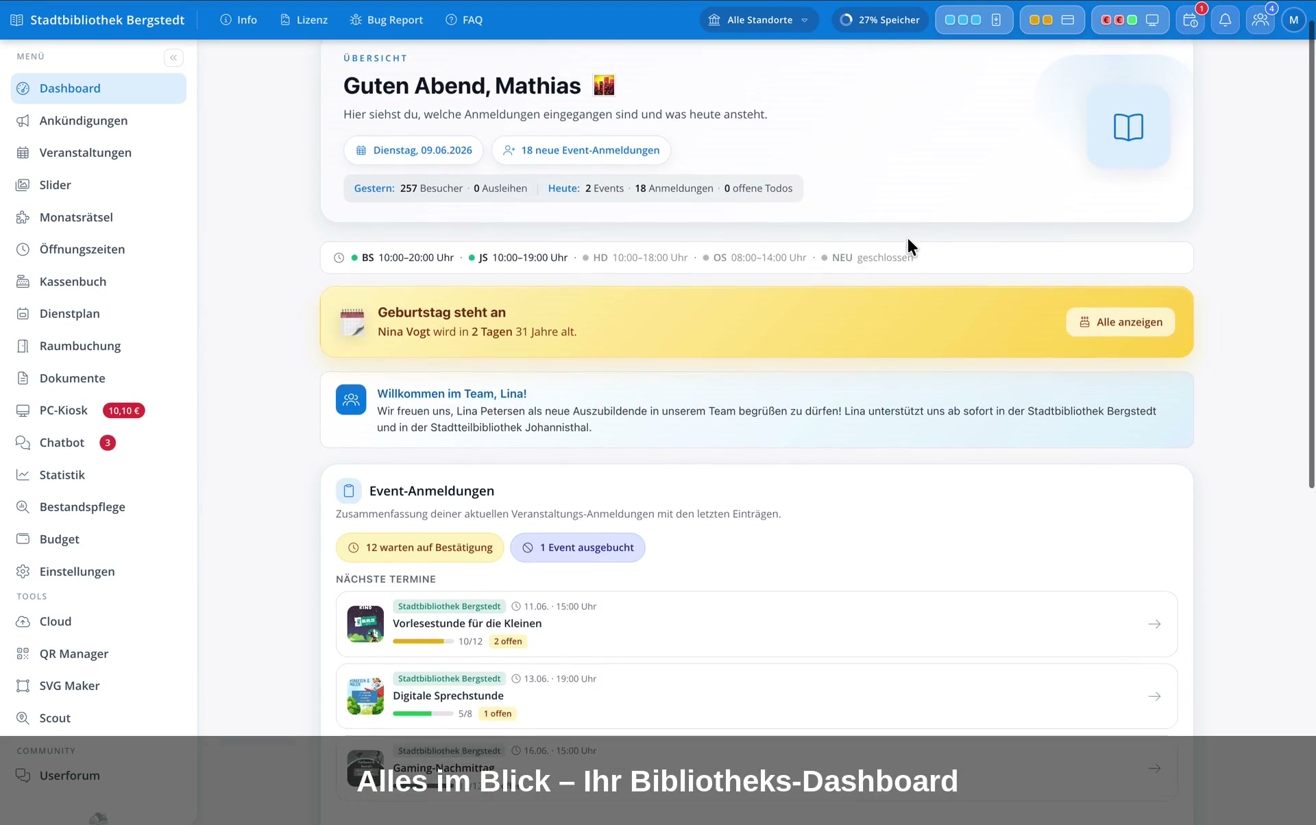 Vorschau: das BIBLIOTHEK.CLOUD Dashboard mit Veranstaltungs-Anmeldungen