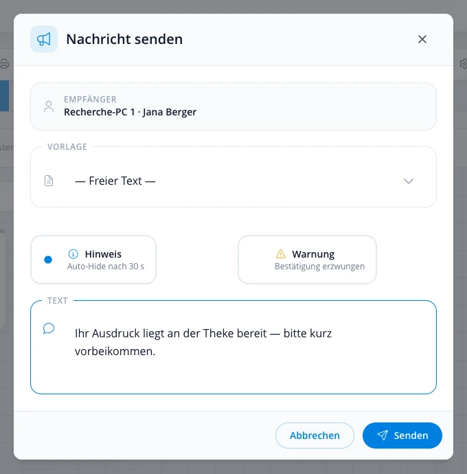 Nachricht an den Platz statt Ansprache im Raum